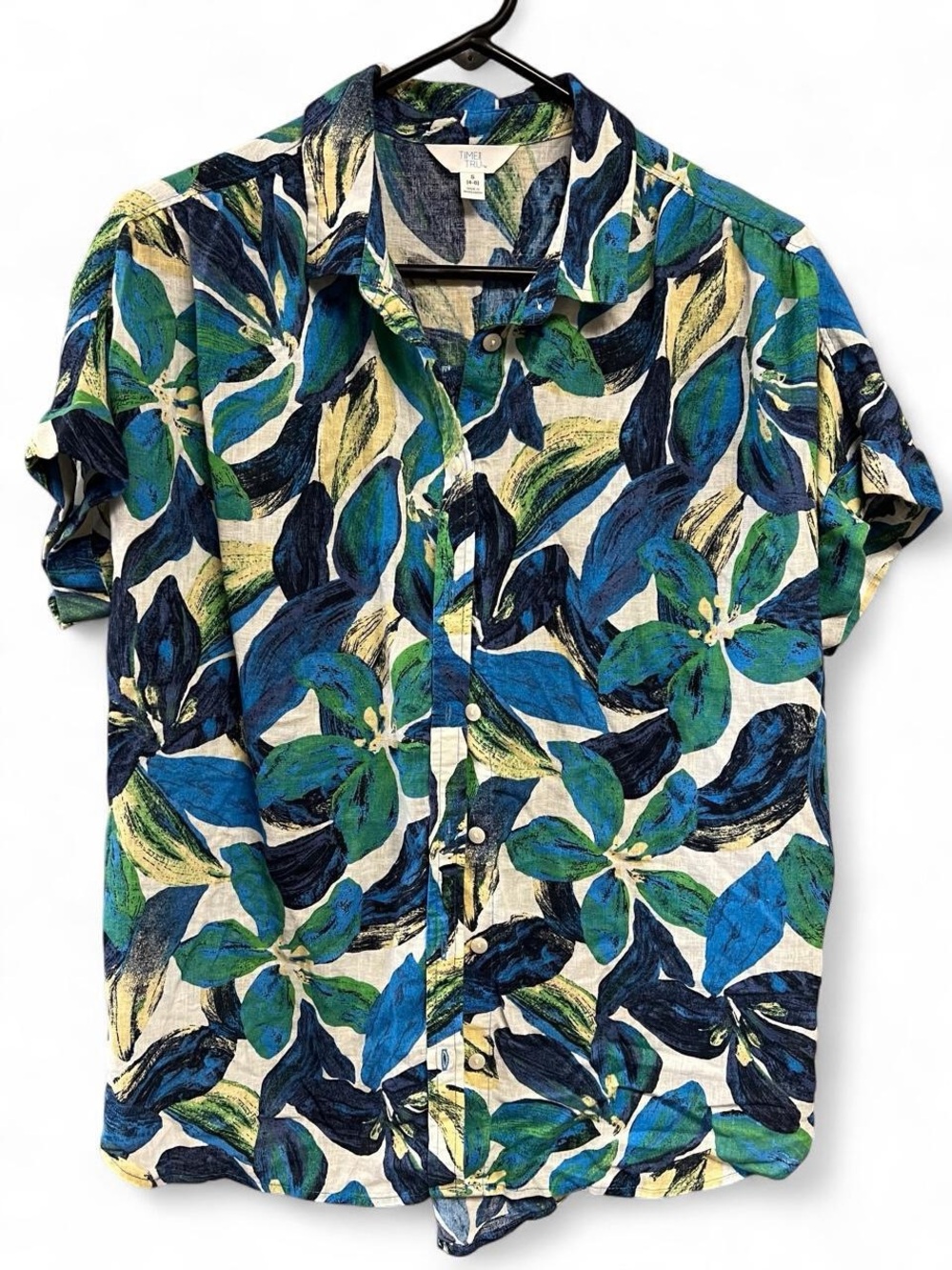 Time and Tru Tropical Linen Blend Button Down Short Sleeve Shirt Size Small